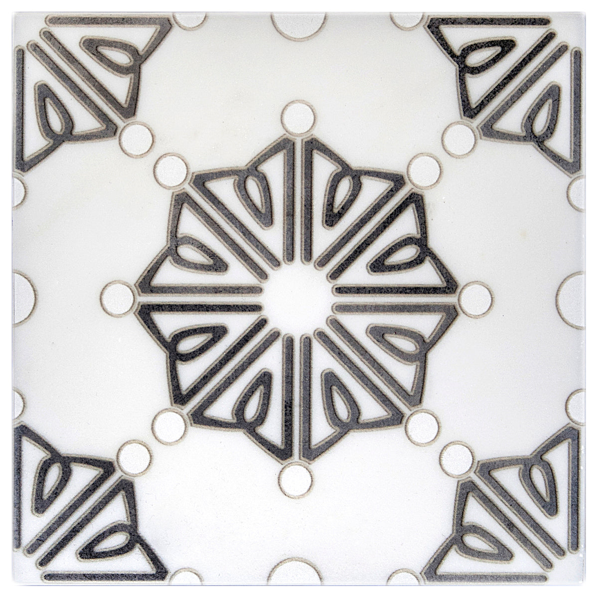 Dahlia Black field tile, top-down product view, 6"×6"×3/8" size. Premium marble for floors and walls.