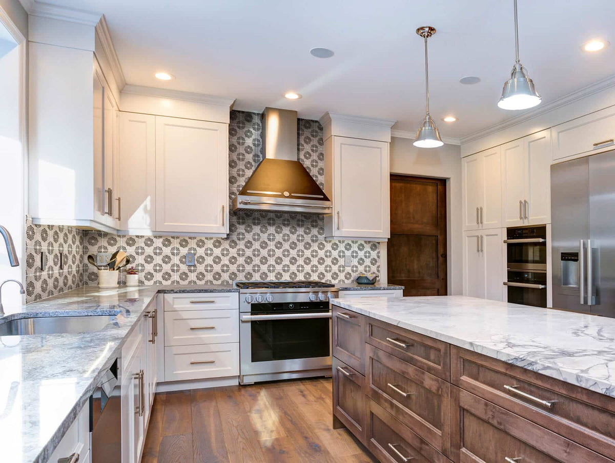 Dahlia Moonmist field tile, lifestyle installation view, 12"×12"×3/8" size. Premium dolomite for floors and walls.