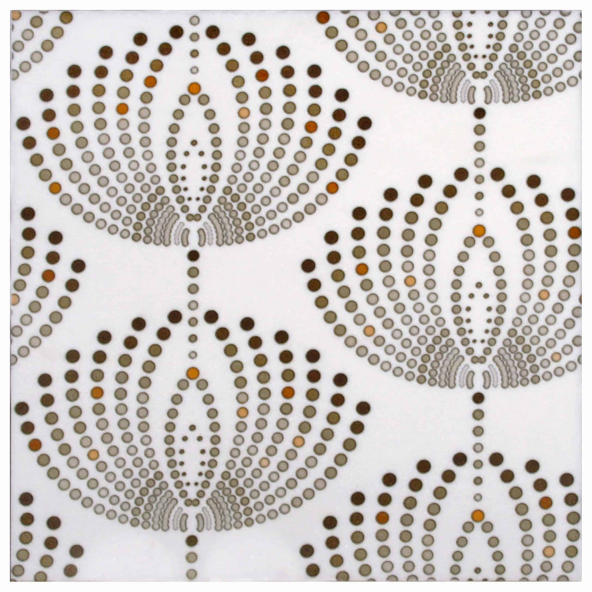 Dandelions Flame field tile, top-down product view, 12"×12"×3/8" size. Premium travertine for floors and walls.
