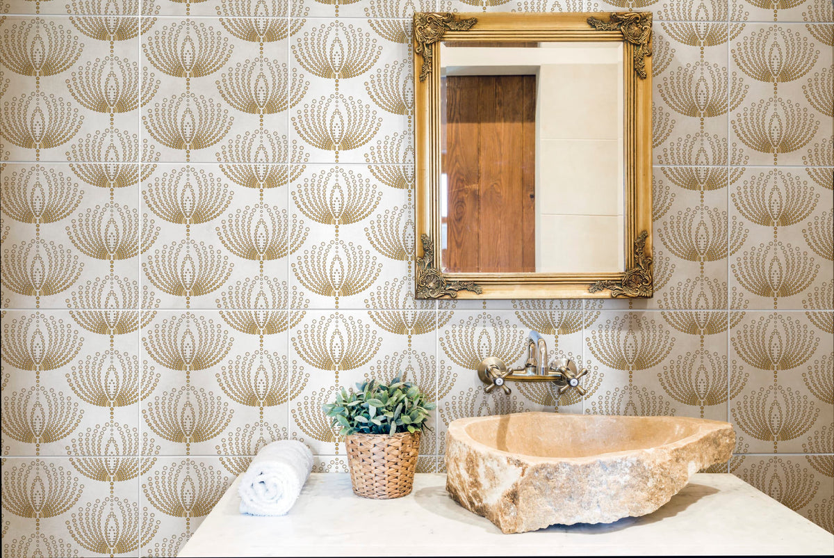 Dandelions Flame field tile, lifestyle installation view, 12"×12"×3/8" size. Premium travertine for floors and walls.