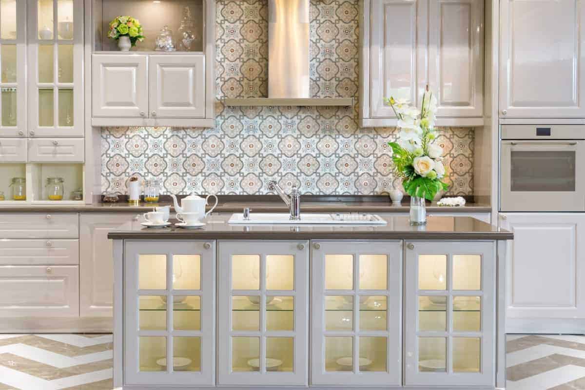Davenport Azure field tile, lifestyle installation view, 6"×6"×3/8" size. Premium marble for floors and walls.