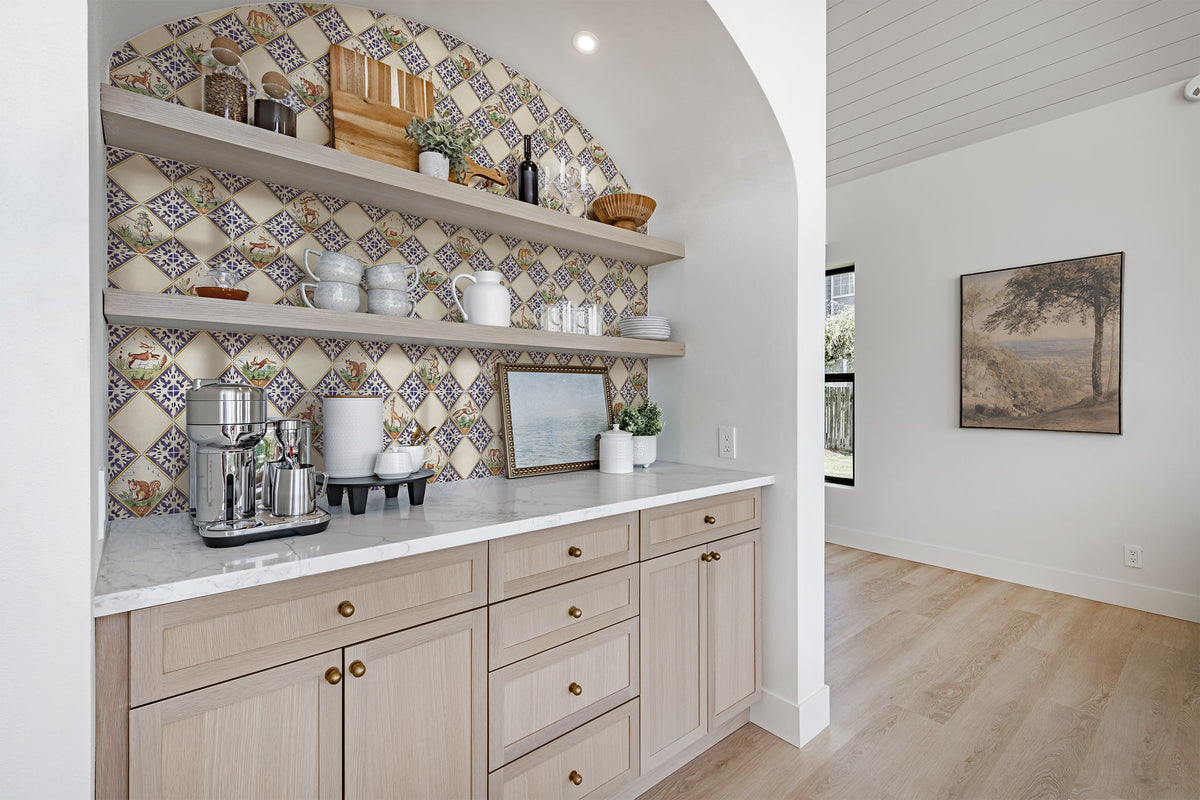Delft Outdoor field tile, lifestyle installation view, 4"×4"×3/8" size. Premium travertine for floors and walls.