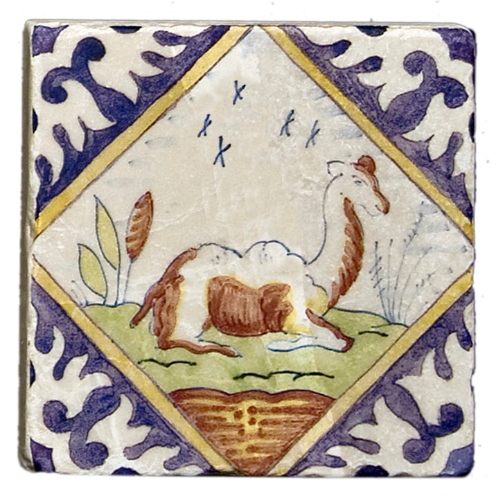 Delft Outdoor field tile, top-down product view, 4"×4"×3/8" size. Premium travertine for floors and walls.