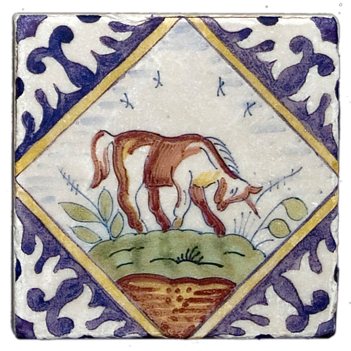 Delft Outdoor field tile, top-down product view, 4"×4"×3/8" size. Premium travertine for floors and walls.