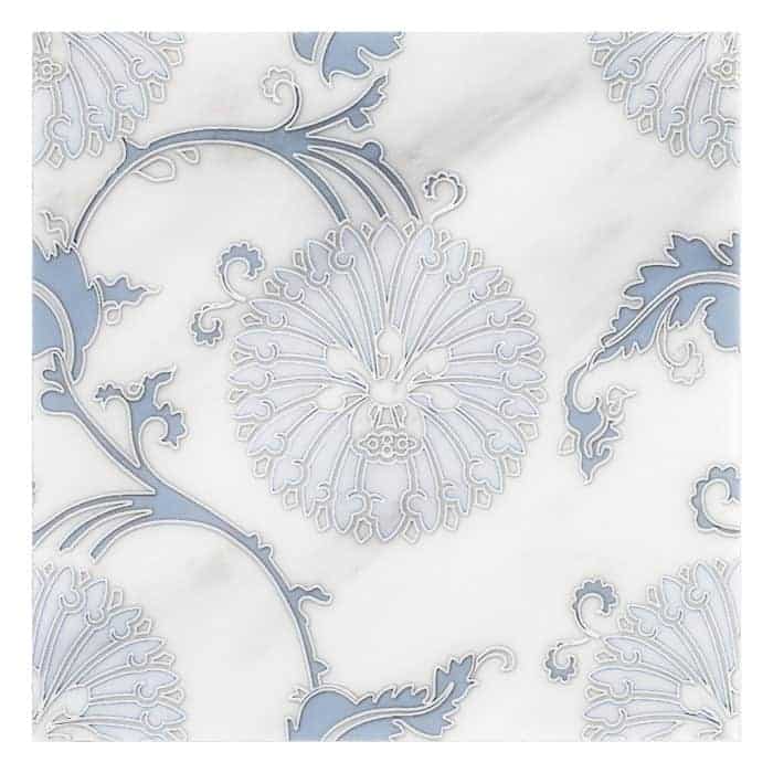 Eliana Dusty Blue field tile, top-down product view, 12"×12"×3/8" size. Premium marble for floors and walls.
