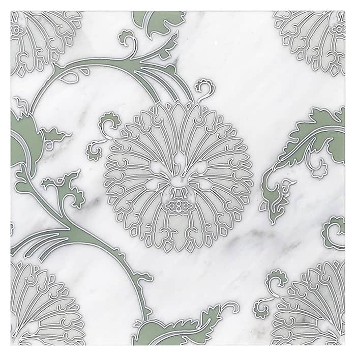Eliana Green field tile, top-down product view, 12"×12"×3/8" size. Premium marble for floors and walls.