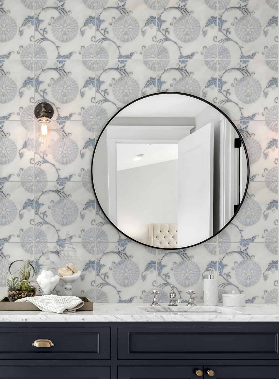 Eliana Dusty Blue field tile, lifestyle installation view, 12"×12"×3/8" size. Premium marble for floors and walls.