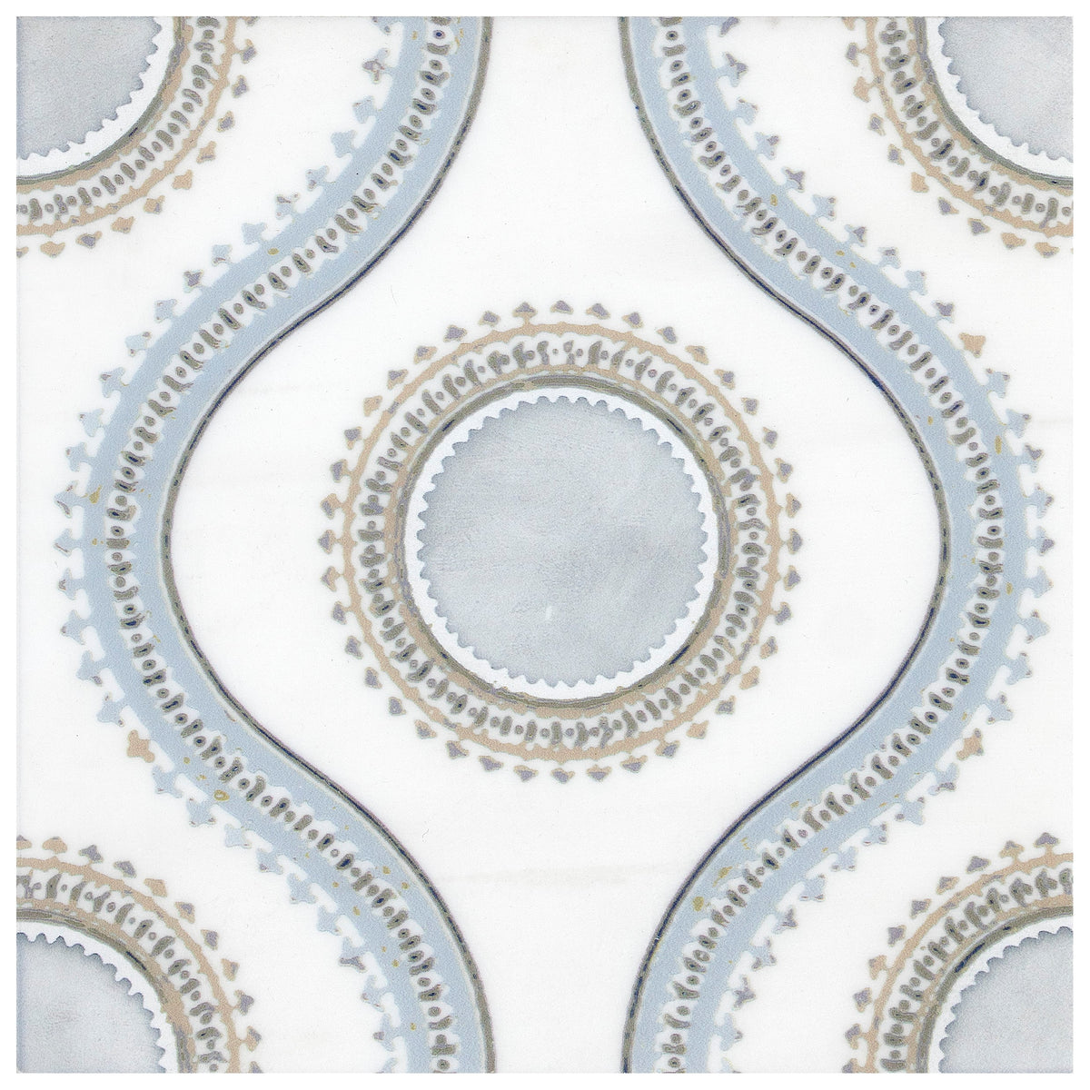 Genie Frosted Sky field tile, top-down product view, 6"×6"×3/8" size. Premium dolomite for floors and walls.