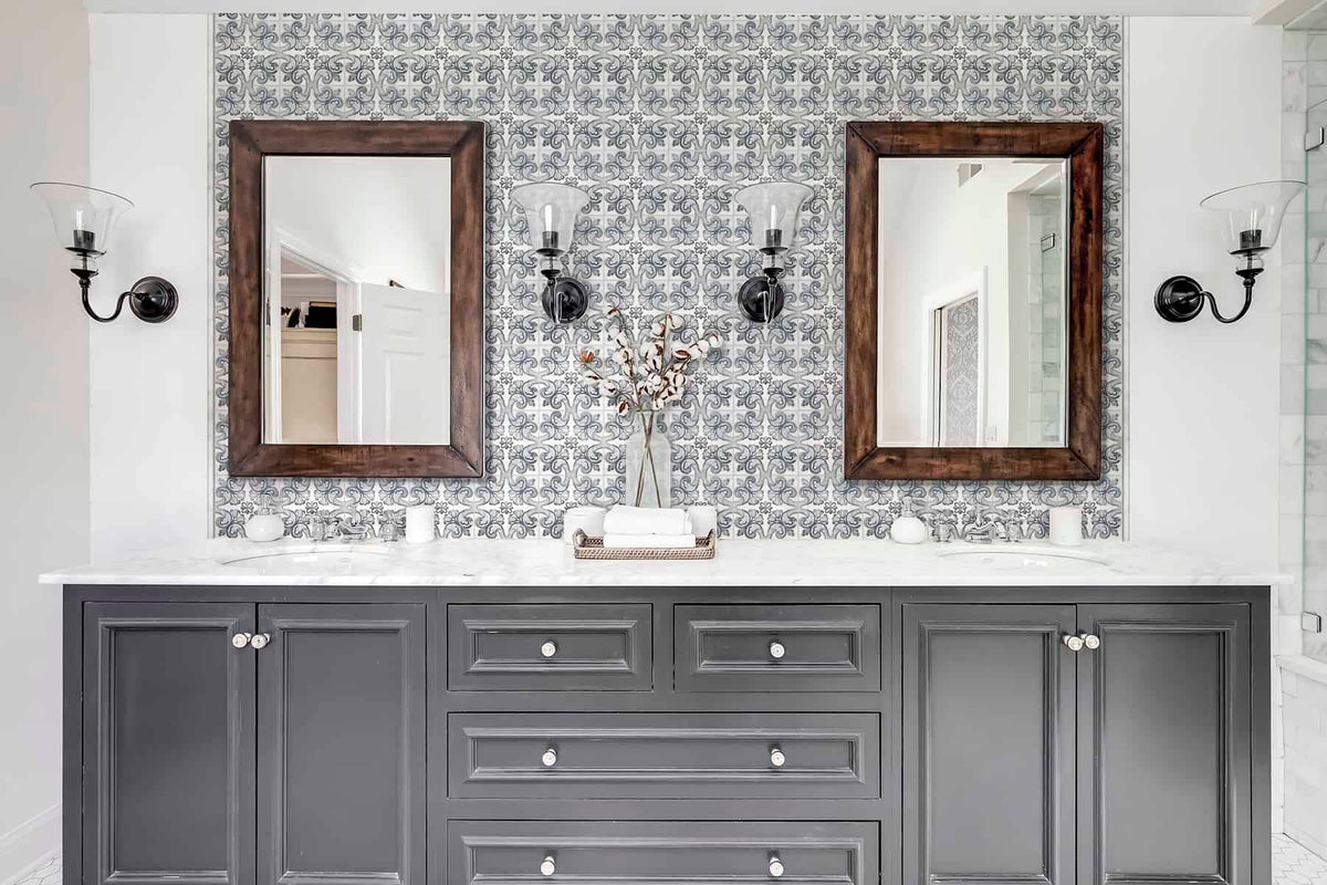 Marbella Frost field tile, lifestyle installation view, 12"×12"×3/8" size. Premium dolomite for floors and walls.