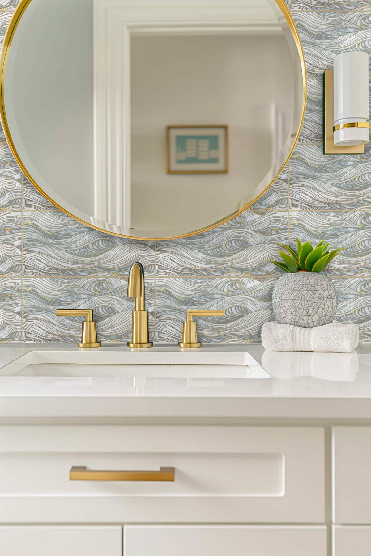 Meraki Blue Swell field tile, lifestyle installation view, 12"×24"×3/8" size. Premium limestone for floors and walls.