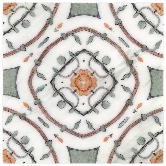 Nira Poppy field tile, top-down product view, 6"×6"×3/8" size. Premium dolomite for floors and walls.