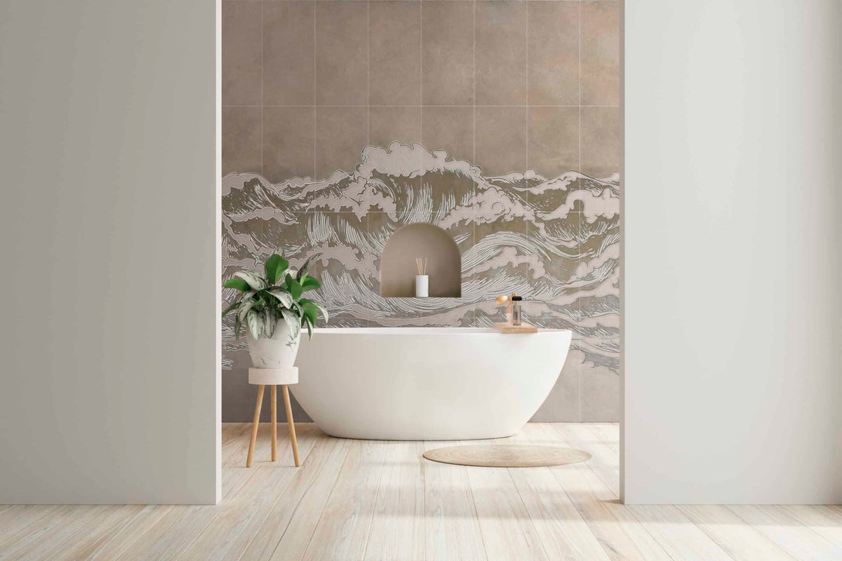 Numi Classic Blue field tile, lifestyle installation view, 12"×24"×3/8" size. Premium limestone for floors and walls.