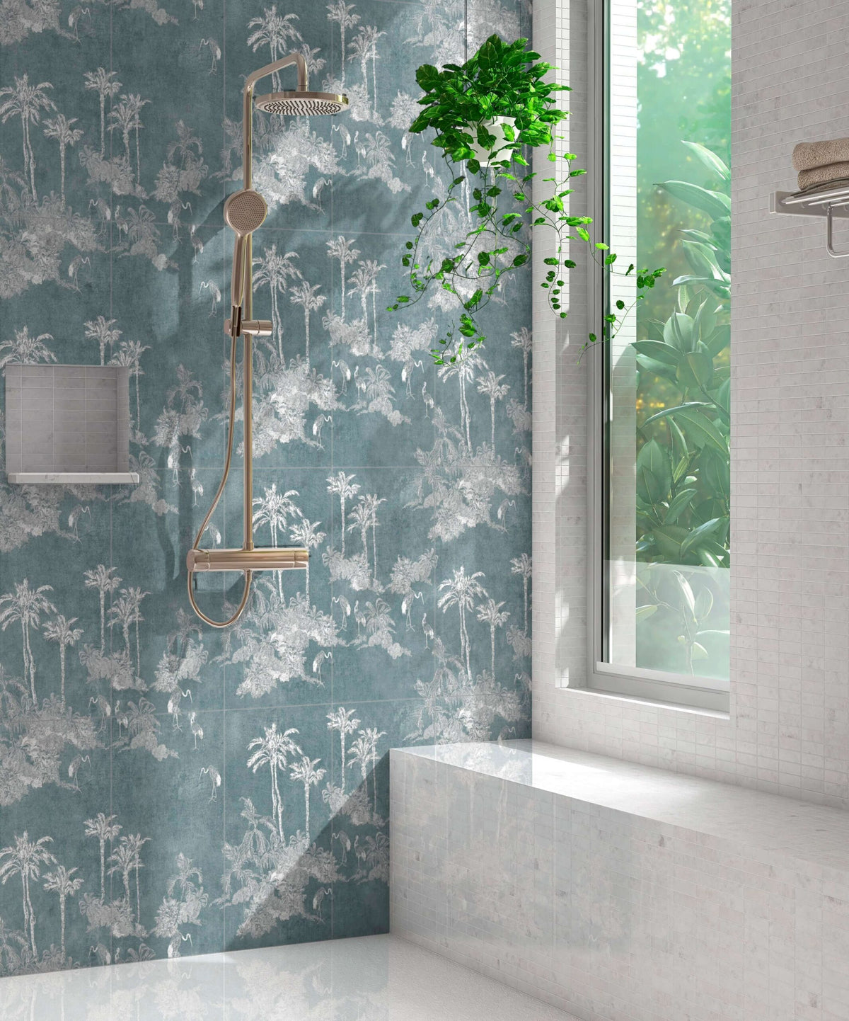 Paradise Dream Caribbean Teal field tile, lifestyle installation view, 12"×24"×3/8" size. Premium limestone for floors and walls.