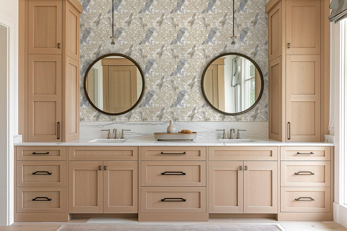 Pluma Gold Blues field tile, lifestyle installation view, 12"×24"×3/8" size. Premium limestone for floors and walls.