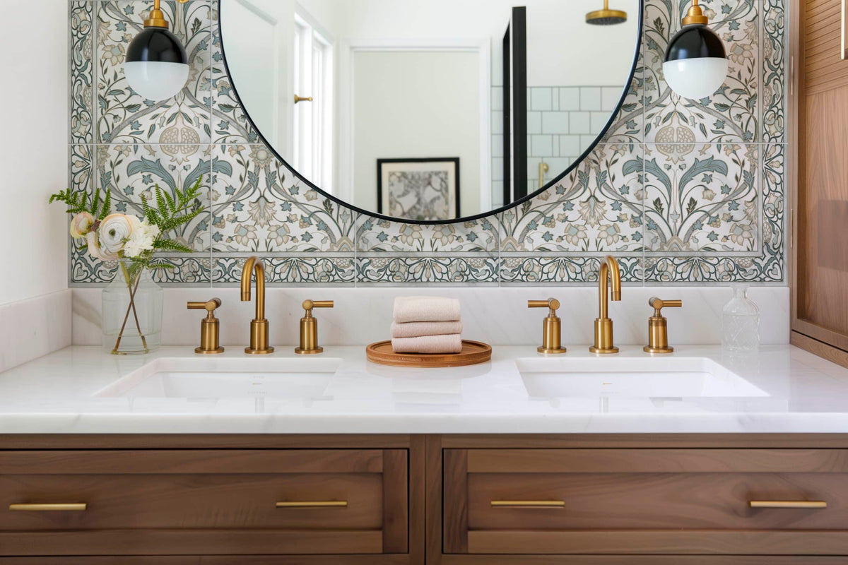 Pomegranates Pewter field tile, lifestyle installation view, 6"×6"×3/8" size. Premium travertine for floors and walls.