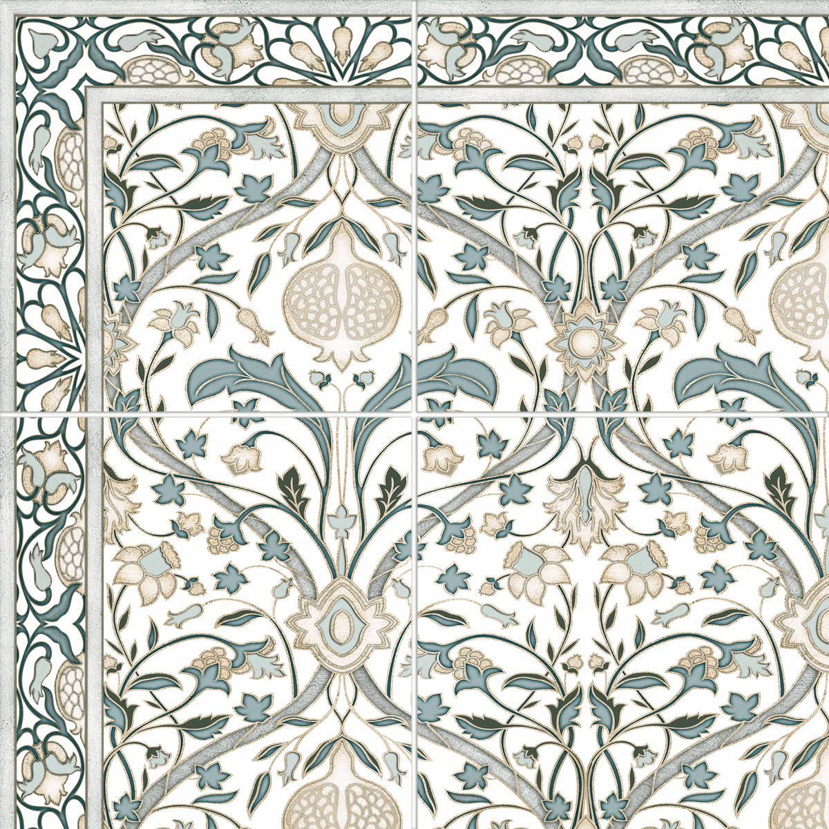 Pomegranates Pewter field tile, top-down product view, 6"×6"×3/8" size. Premium travertine for floors and walls.
