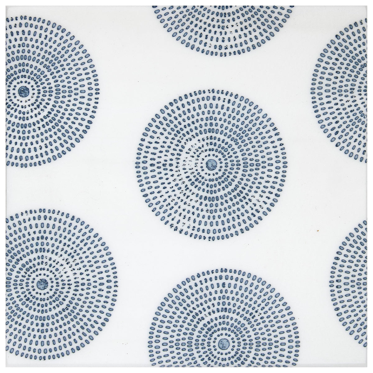 Poplar Indigo Blue field tile, top-down product view, 6"×6"×3/8" size. Premium dolomite for floors and walls.