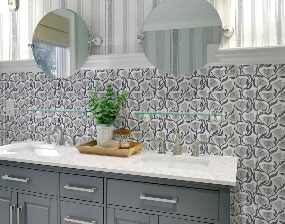 Posy Cornflower Blue field tile, lifestyle installation view, 6"×6"×3/8" size. Premium dolomite for floors and walls.