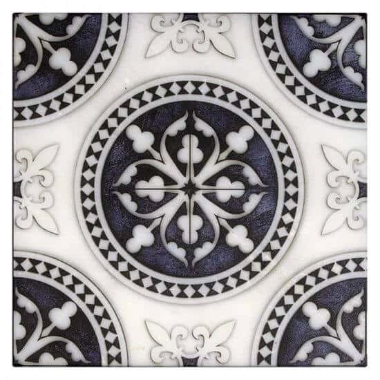 Regent Batik Blue field tile, top-down product view, 6"×6"×3/8" size. Premium marble for floors and walls.