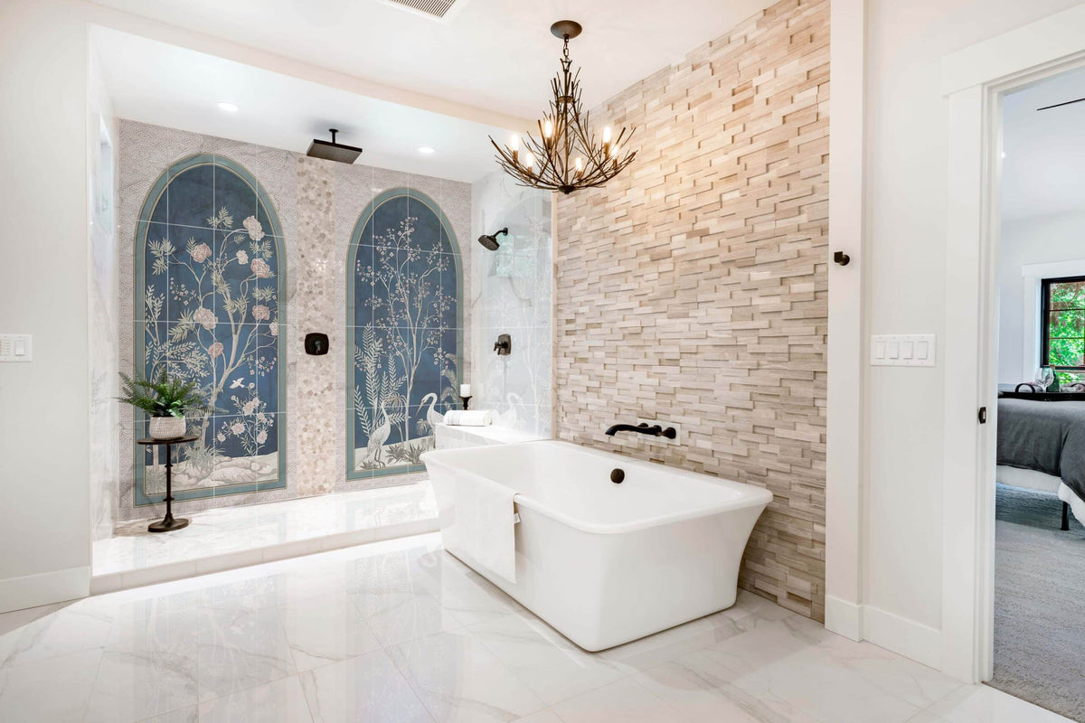 Secret Garden Navy field tile, lifestyle installation view, 6"×12"×3/8" size. Premium limestone for floors and walls.