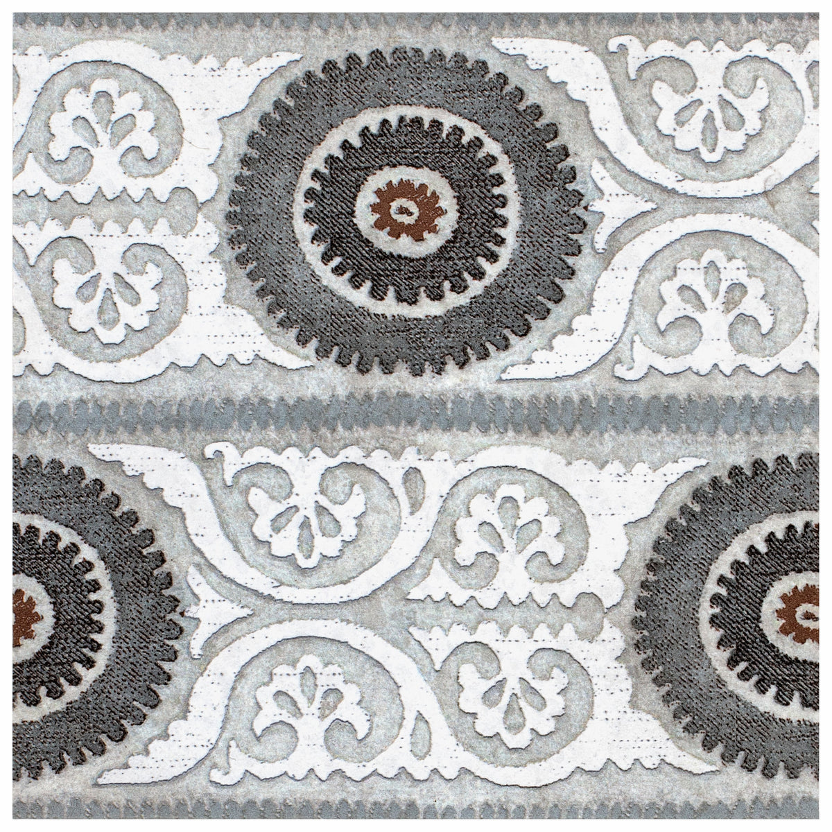 Suzani Blue Mist field tile, top-down product view, 6"×6"×3/8" size. Premium limestone for floors and walls.