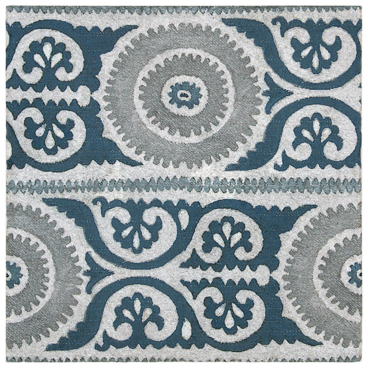 Stone Impressions Suzani Midnight limestone tile — available at Surface Group