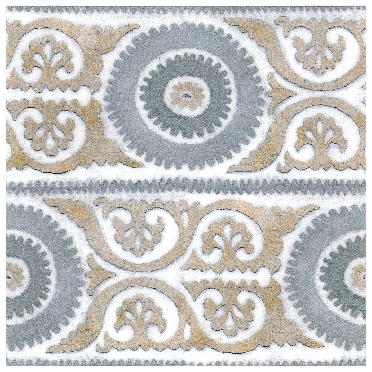 Suzani Blue Mist field tile, alternate product view, 6"×6"×3/8" size. Premium limestone for floors and walls.