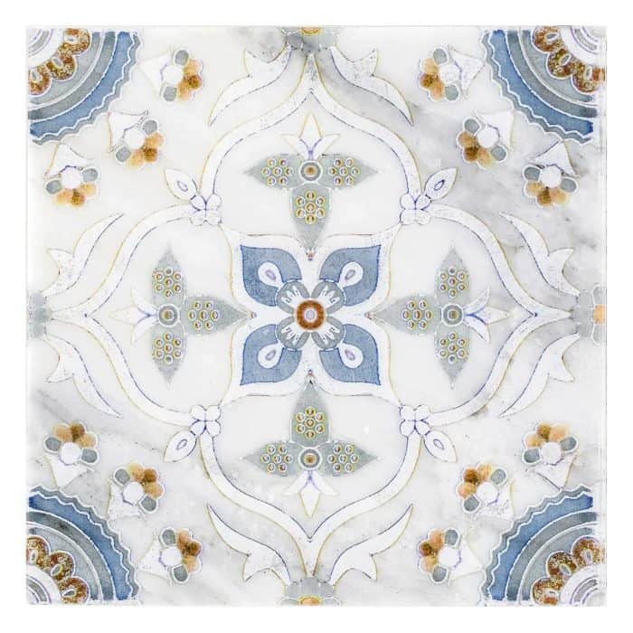 Sweden Cool Blue field tile, top-down product view, 12"×12"×3/8" size. Premium dolomite for floors and walls.