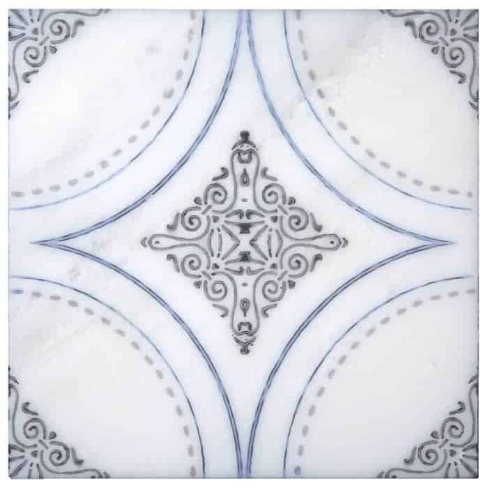 Ventana Deep Blue field tile, top-down product view, 6"×6"×3/8" size. Premium marble for floors and walls.