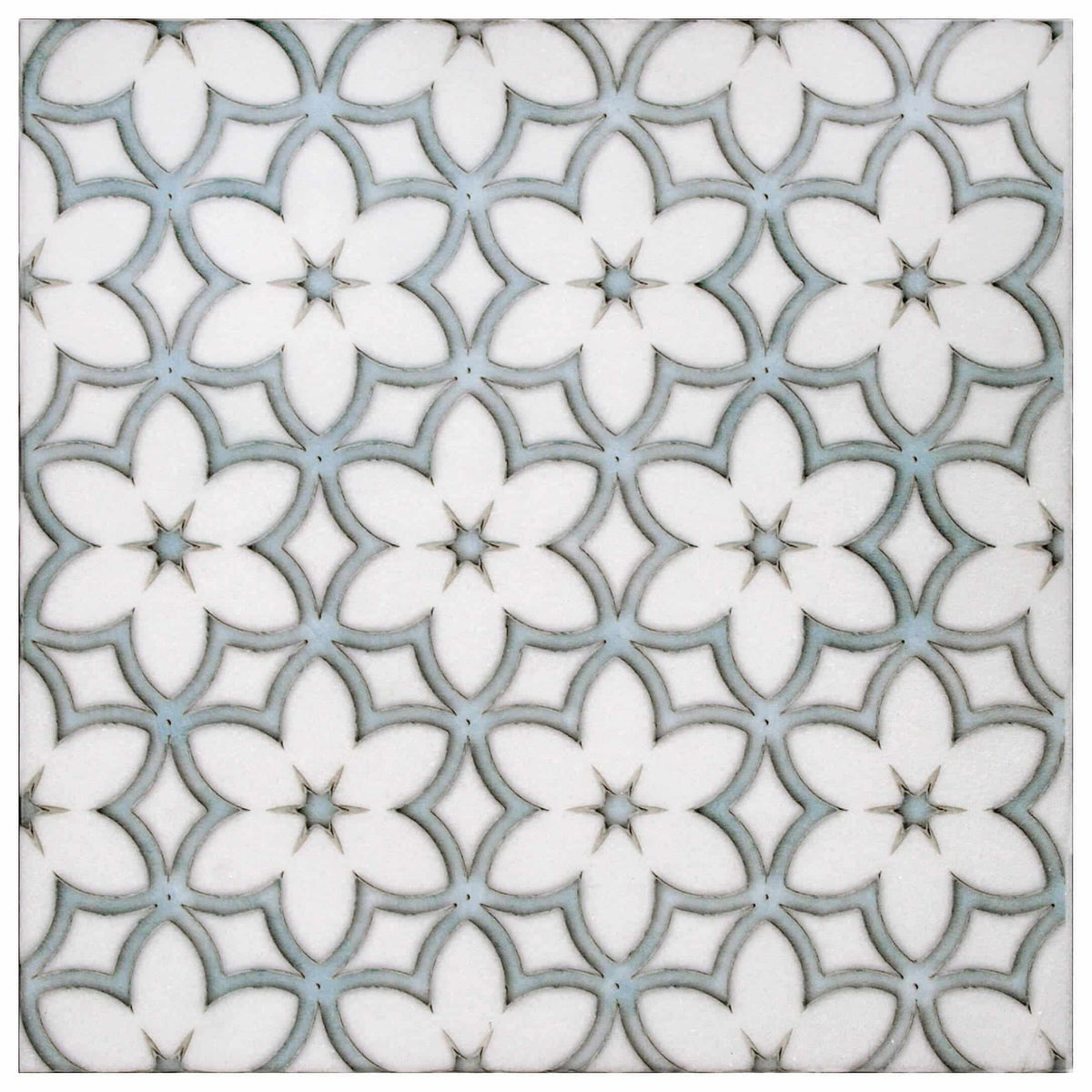 Wallflowers Alice Blue field tile, top-down product view, 12"×12"×3/8" size. Premium travertine for floors and walls.