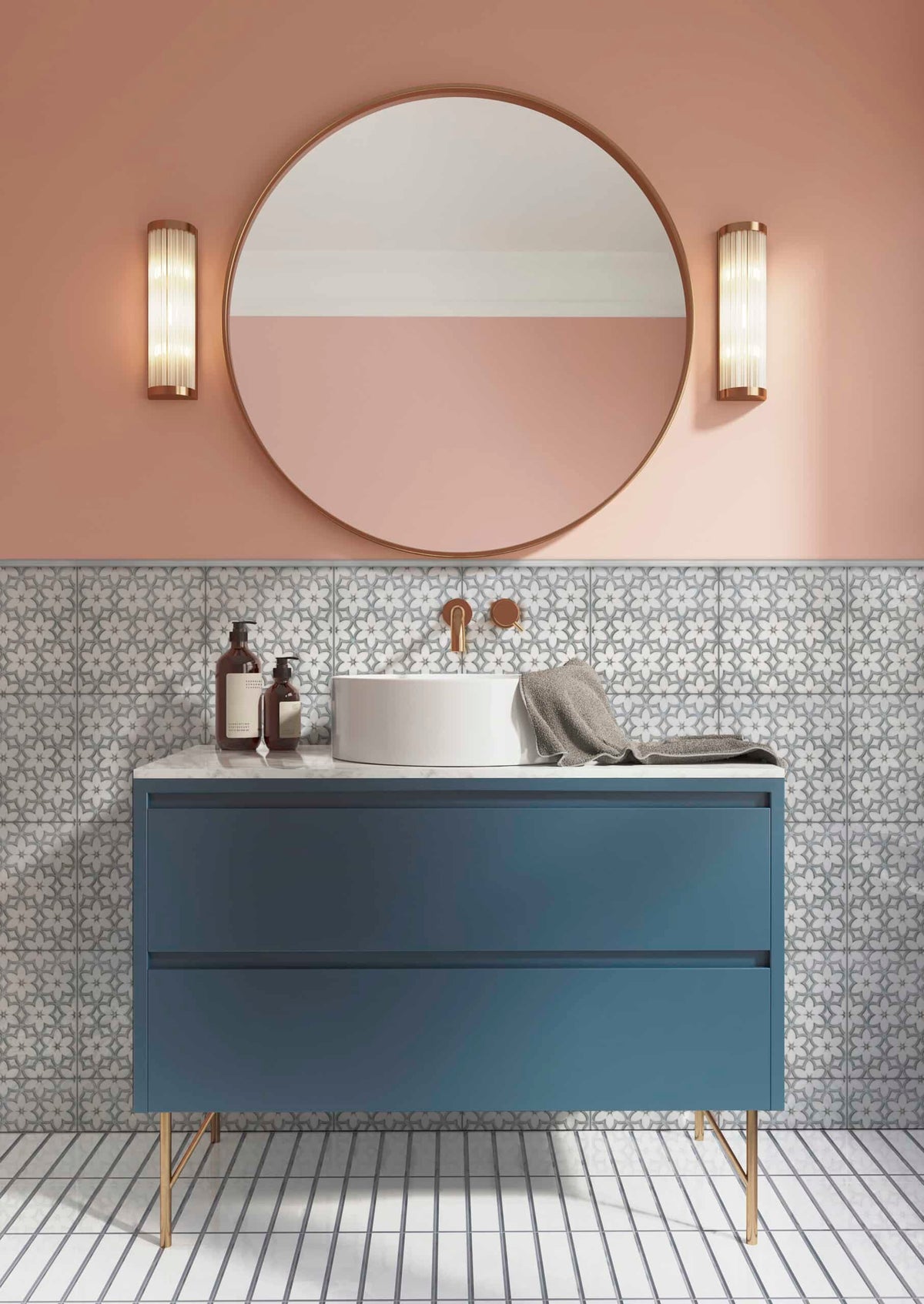 Wallflowers Alice Blue field tile, lifestyle installation view, 12"×12"×3/8" size. Premium travertine for floors and walls.