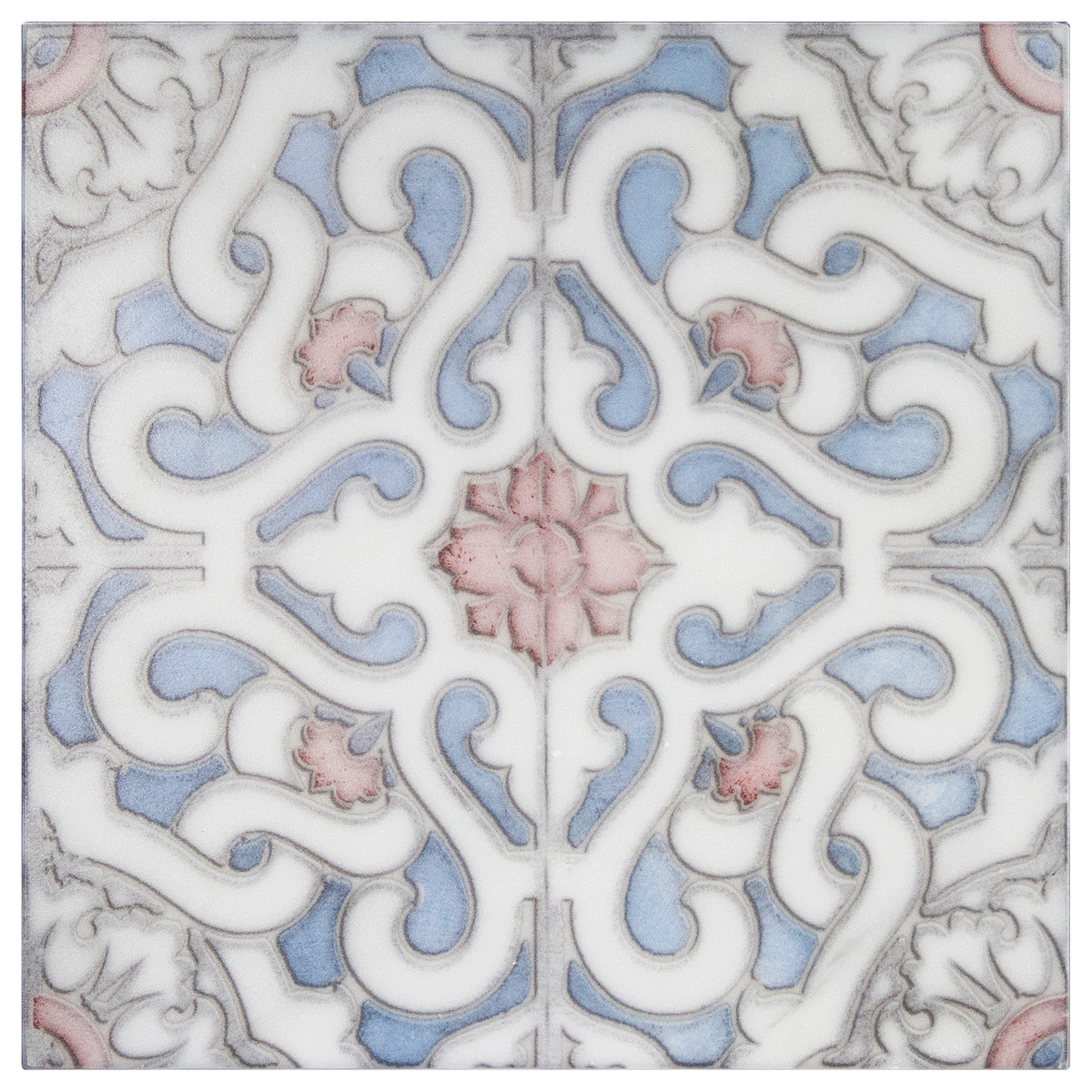 Zara Pink field tile, top-down product view, 6"×6"×3/8" size. Premium marble for floors and walls.