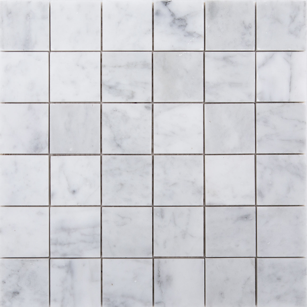 Carrara Bianco marble mosaic tiles, 2x2 pattern, 12-inch square dimensions, 0.375-inch thickness