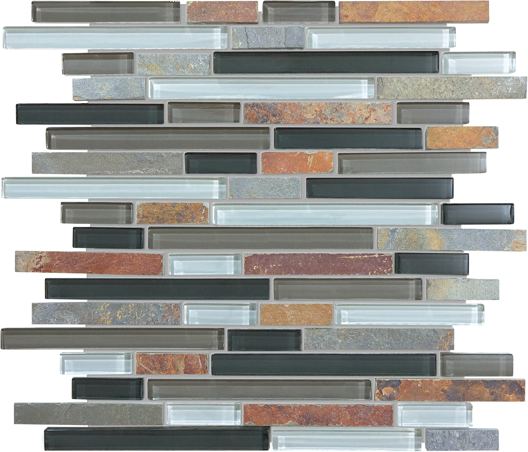 smoky mica straight stack pattern multi glass wall mosaic glass slate blend from glass slate anatolia collection distributed by surface group international multi finish multi edge mesh shape