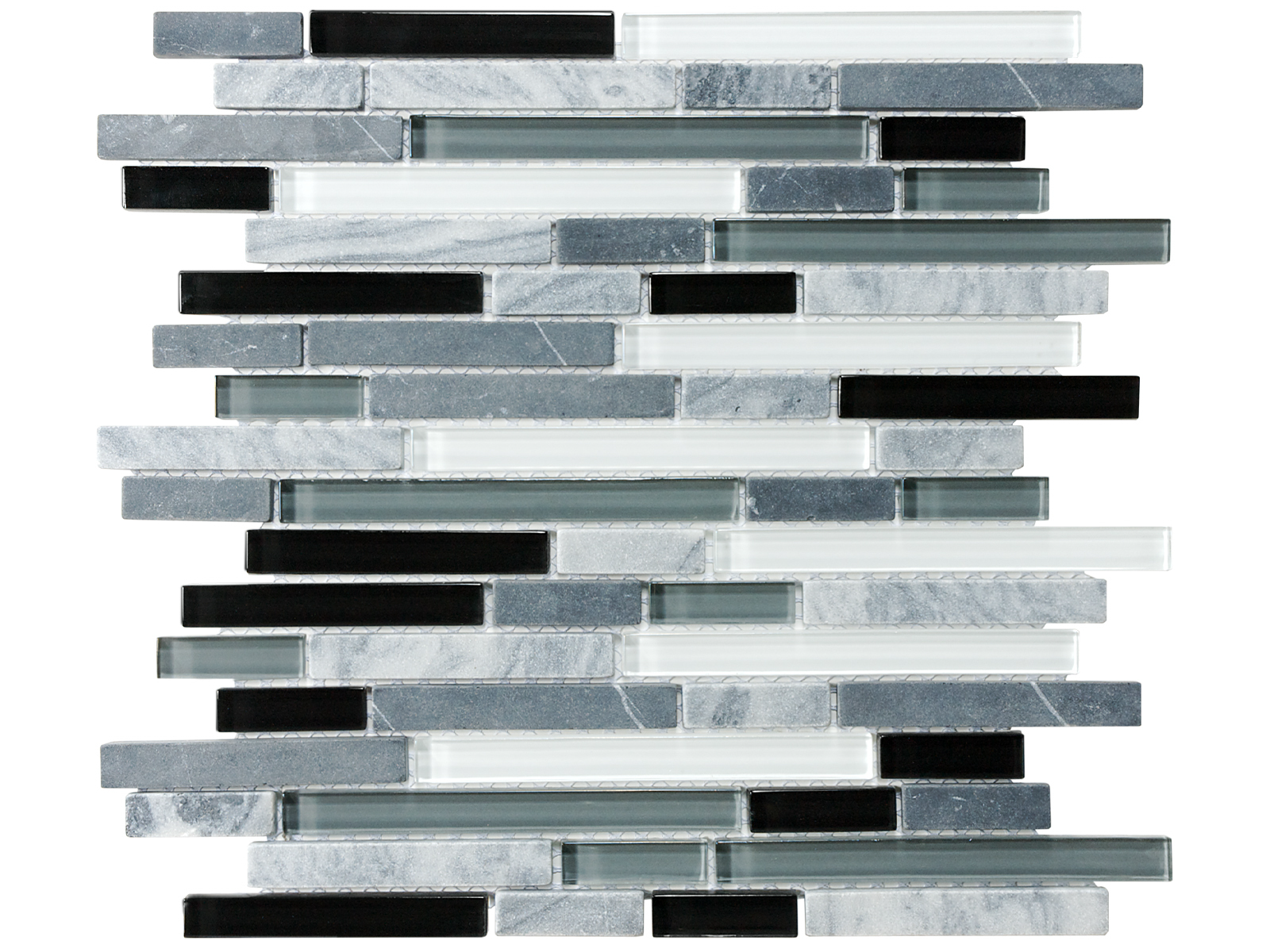 midnight random strip pattern multi glass wall mosaic glass stone blend from glass stone anatolia collection distributed by surface group international multi finish multi edge mesh shape