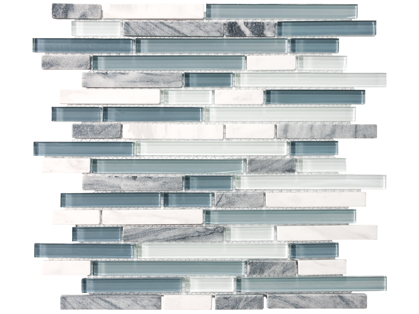 waterfall random strip pattern multi glass wall mosaic glass stone blend from glass stone anatolia collection distributed by surface group international multi finish multi edge mesh shape