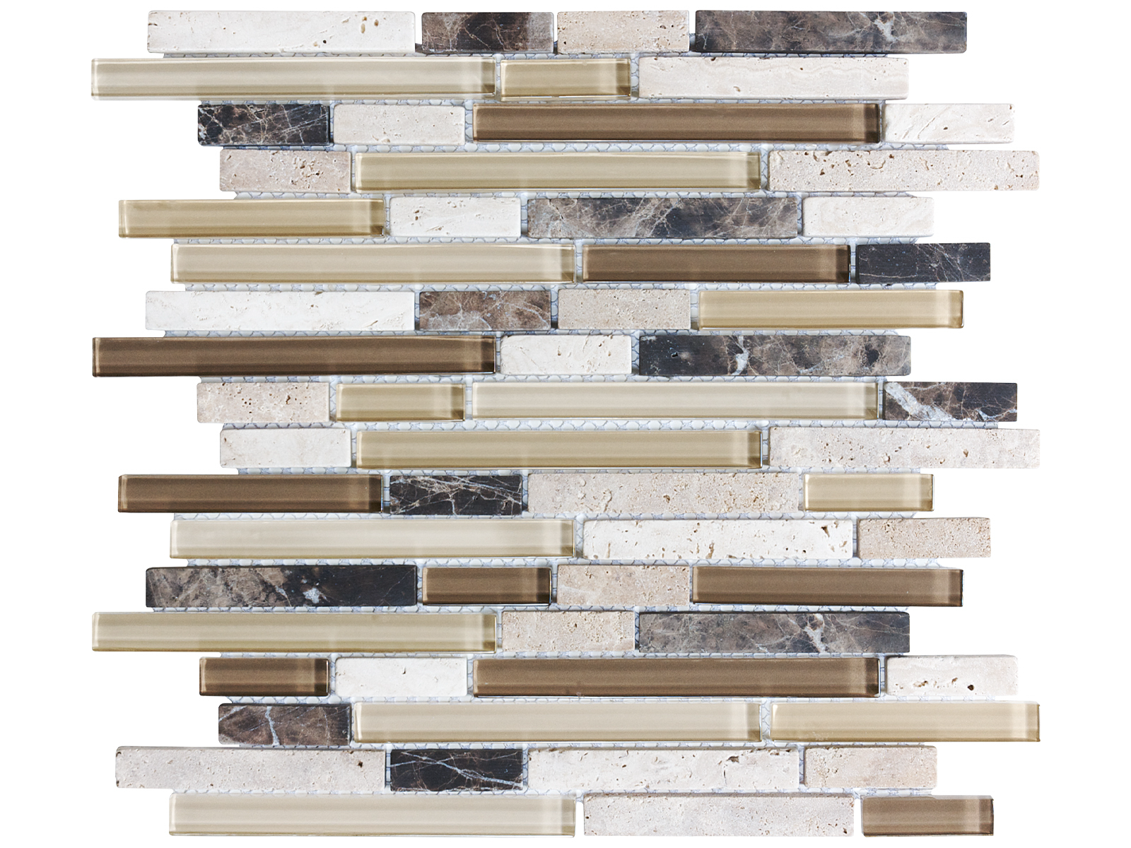 cappuccino random strip pattern multi glass wall mosaic glass stone blend from glass stone anatolia collection distributed by surface group international multi finish multi edge mesh shape