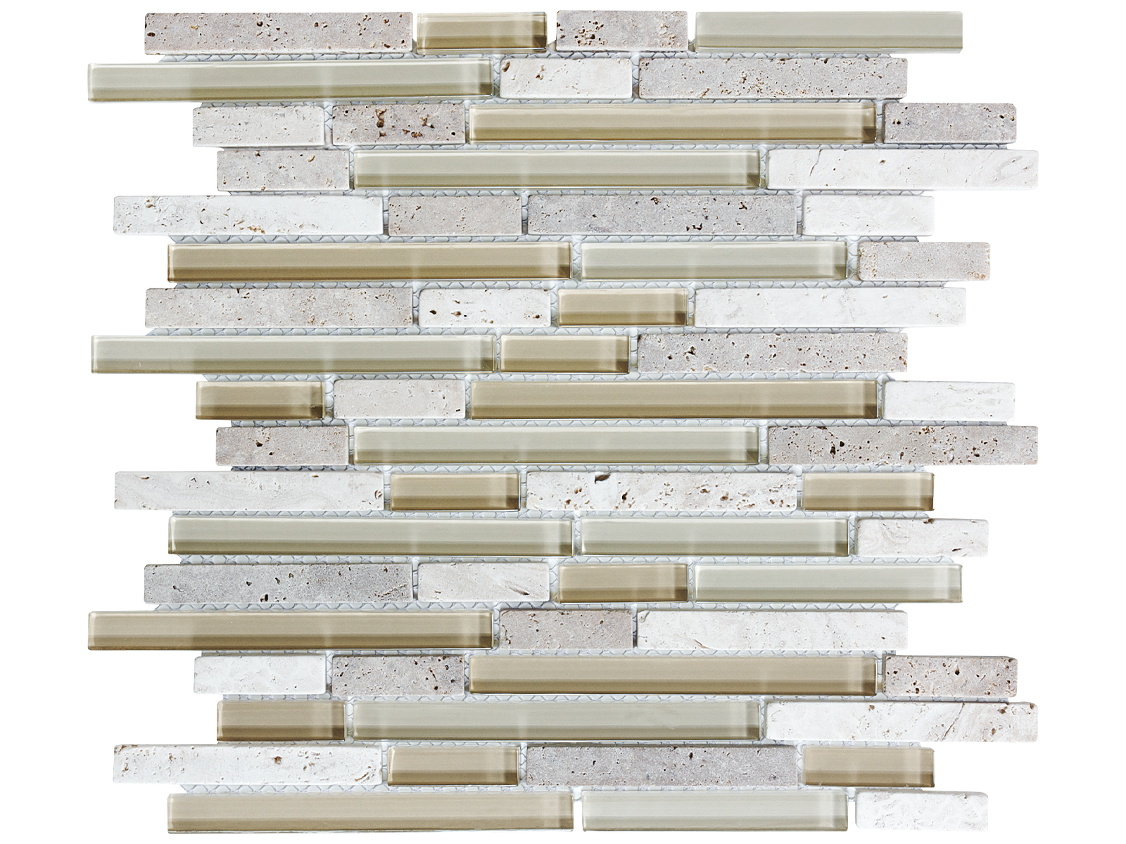 creme brulee random strip pattern multi glass wall mosaic glass stone blend from glass stone anatolia collection distributed by surface group international multi finish multi edge mesh shape